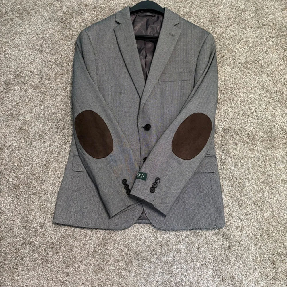 Lauren Ralph Lauren Blazer Boy 14R Gray Herringbone Brown Elbow Patch Sport Coat